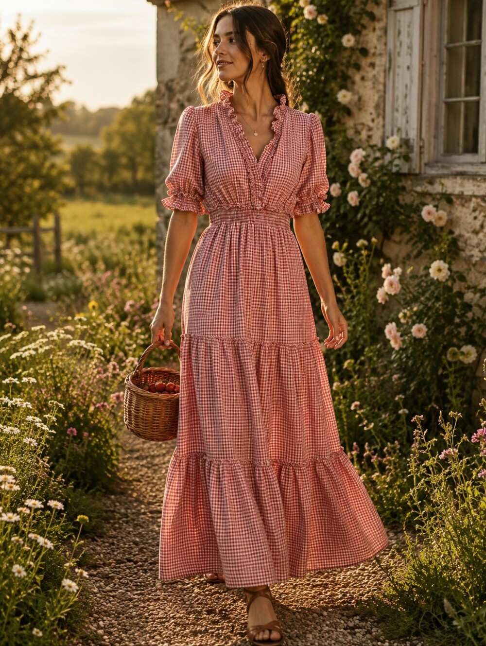 Max Studio Red Gingham Ruffle Tiered Maxi Dress XS Cottagecore